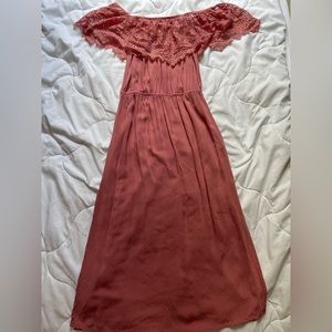 Pink floral lace off the shoulder dress with slits